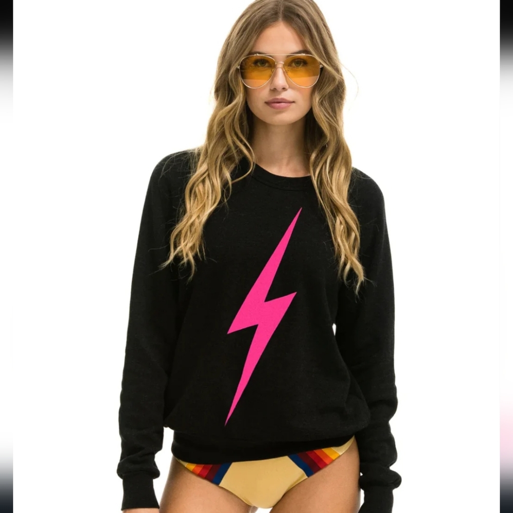 Aviator Nation Black Sweatshirt with Hot Pink Lightning Bolt